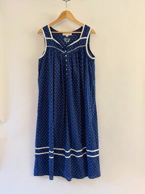 Eileen West Heirloom Blue Polkadot Cotton Nautical Nightdress Dress Medium